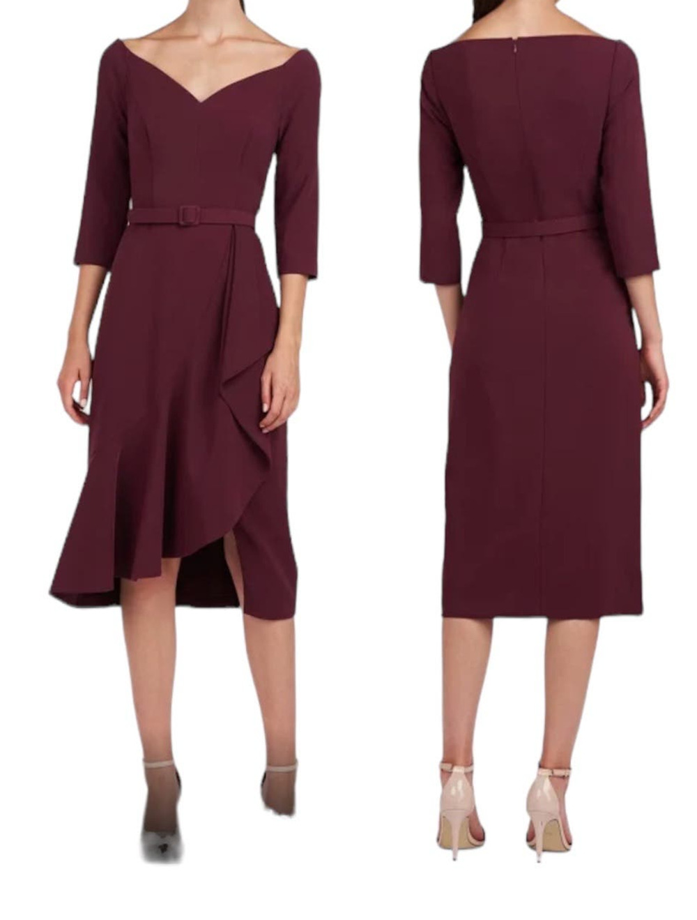 Kay Unger dress Izzy off the shoulder Midi burgundy size 6 MISSING BELT